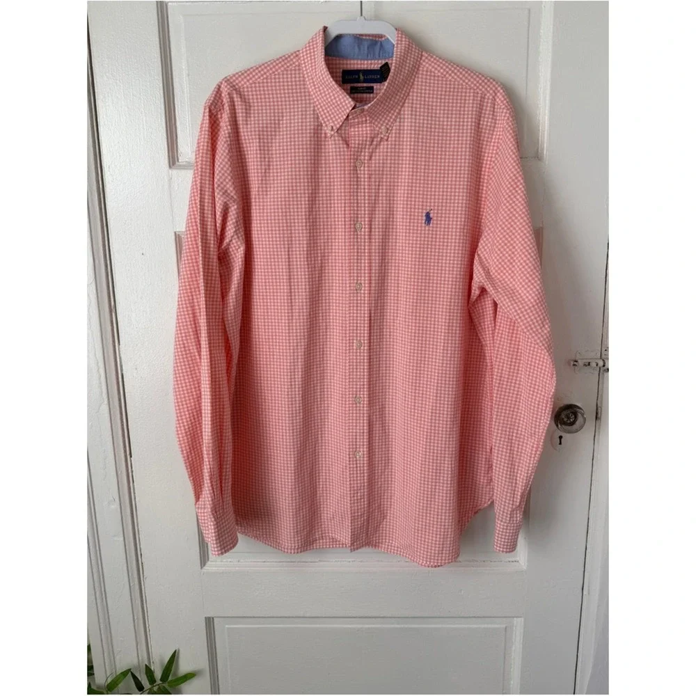 Ralph‎ Lauren Men's Button Down Shirt Orange Gingham Checkered Slim Fit Stretch